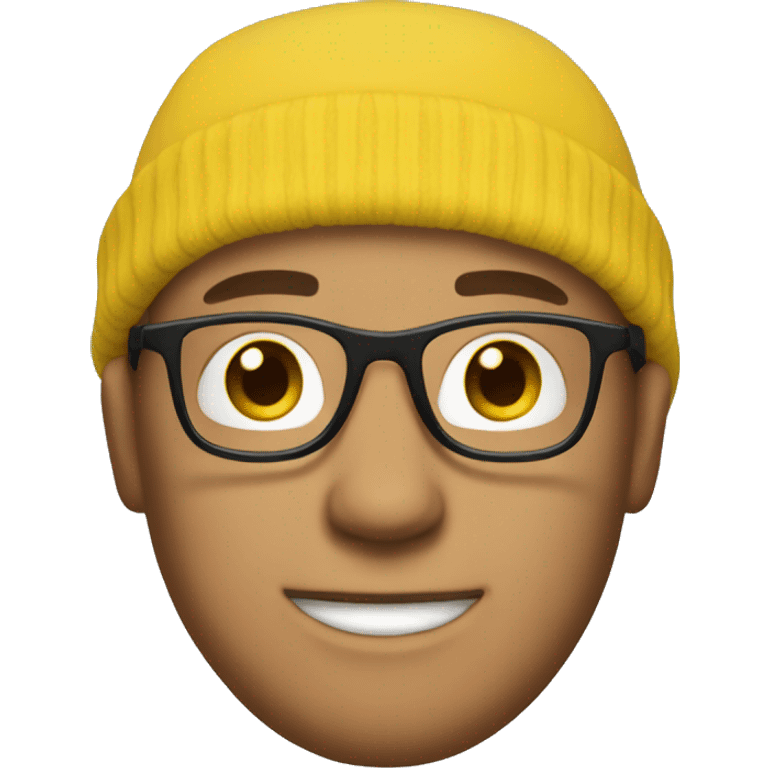 A white guy with a yellow beanie on and glasses emoji