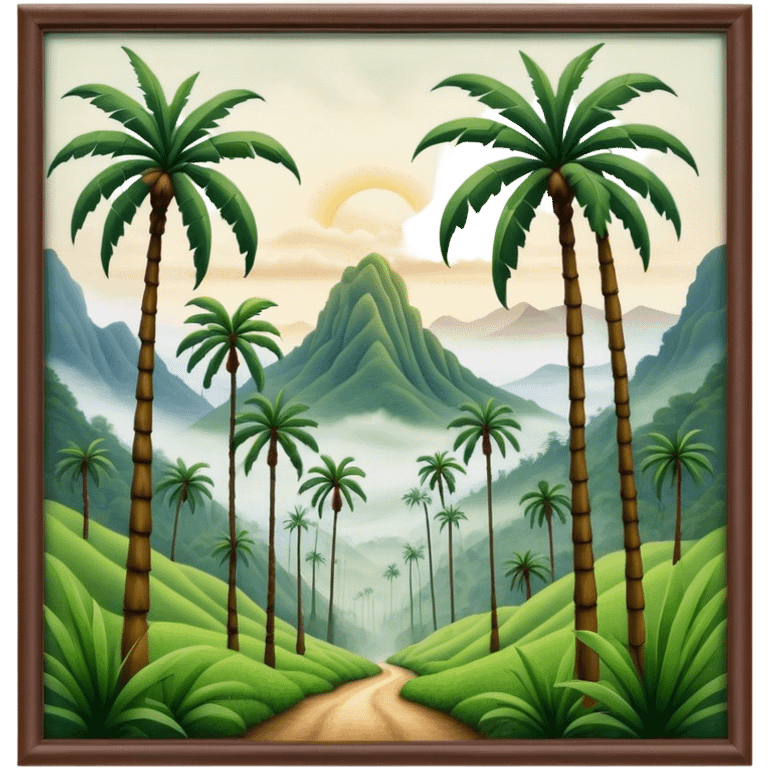 Cinematic Realistic Cocora Valley Landscape Emoji, depicted with towering wax palm trees in a lush, misty valley rendered with rich textures and dynamic, natural lighting. emoji