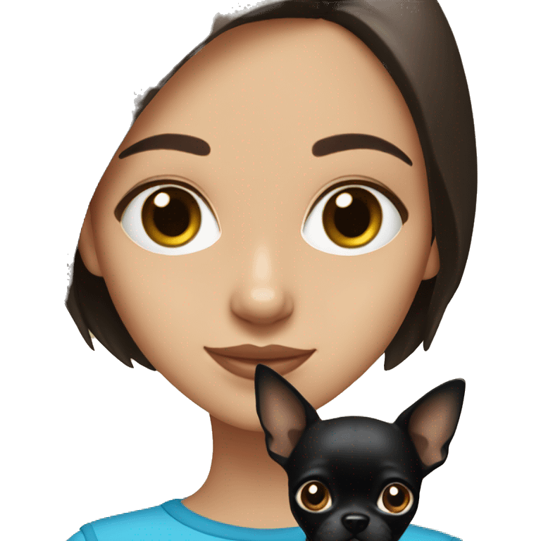 Brunette girl with blue eyes holding a black chihuahua emoji