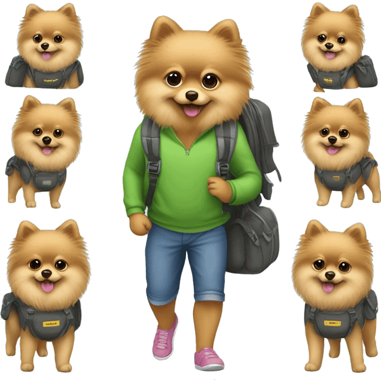 Pomeranian dog Carrying a baby girl in his backpack emoji