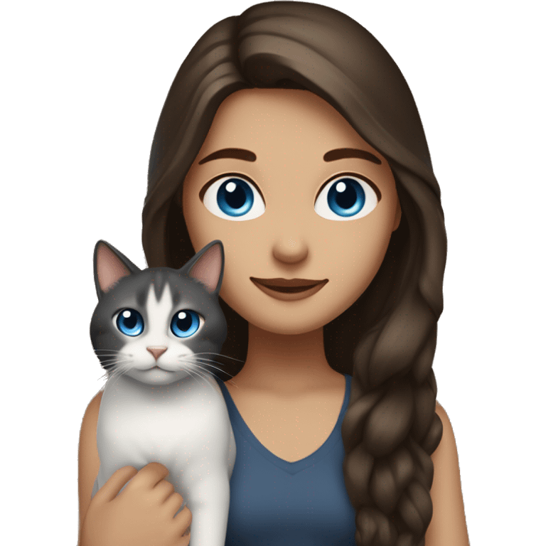 Brunette Girl with Long hair, Blue eyes and cuddeling a Brown-black-white Cat  emoji