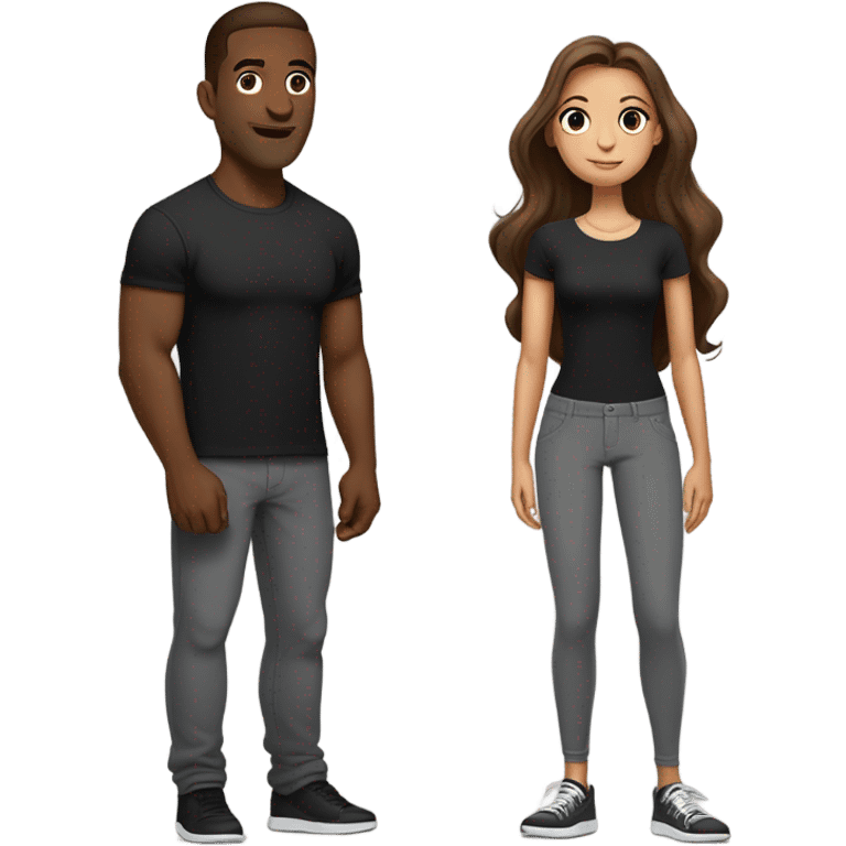 Guy with big nose and brown hair and really tall wearing black t-shirt and grey joggers and girl next to him with long brown straight hair wearing a tight black bodycon dress and makeup on  emoji