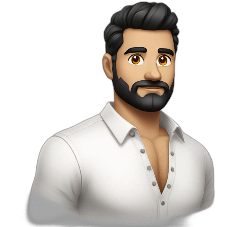 close up of white skin indian in plain white shirt with sleeve up and quiff black hair style and beard emoji