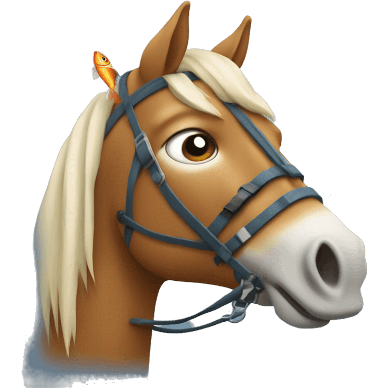 Une cheval avec une tête de poisson qui fait du ski emoji