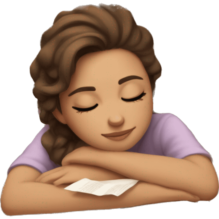 girl with light skin, brown eyes, brown hair sleeping on a pile of paper and books emoji