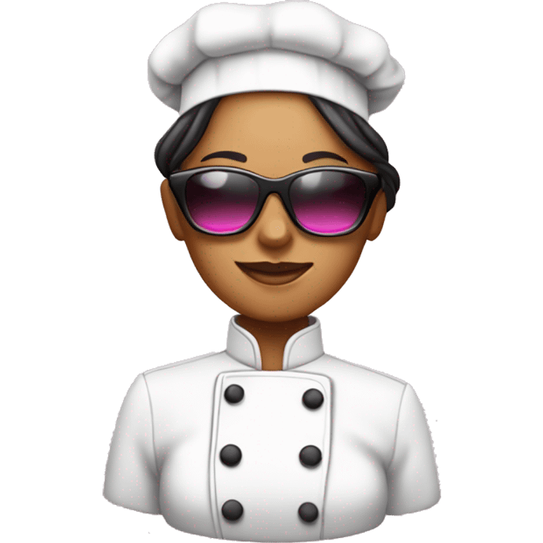 A women chef with sunglasses wearing pink emoji