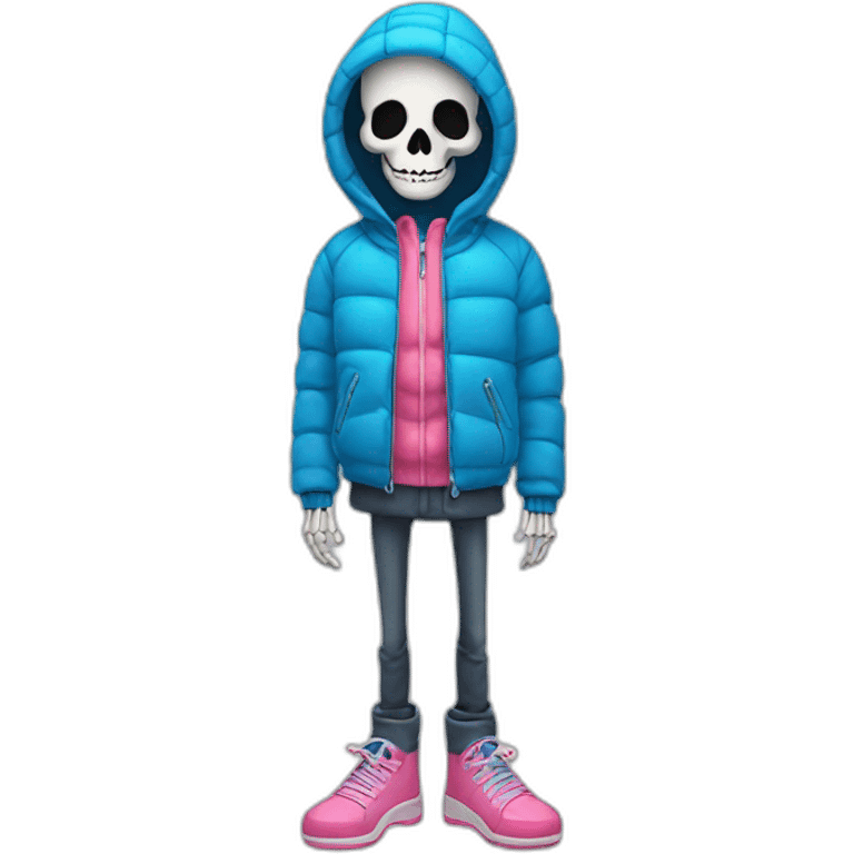 skeleton friendly in a blue winter jacket with pink shoes and NOT Wearing his hood! emoji