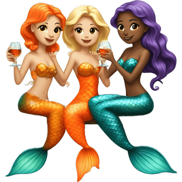 Three beautiful mermaids (light skin) drinking aperol emoji