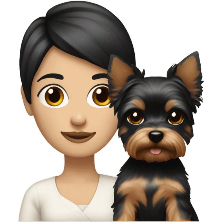 White lady with short black hair holding a Yorkie  emoji