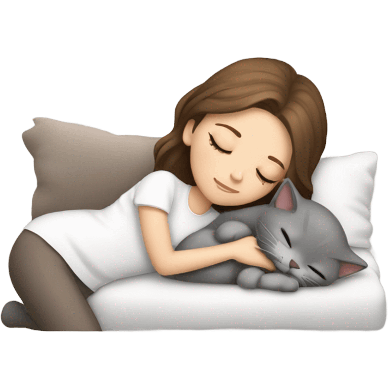 White girl brown hair sleeping with grey kitty emoji