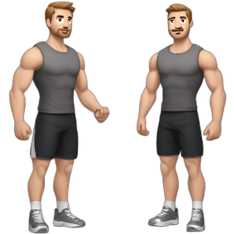 Close up Actively gesturing  with hands Pale skinned Fit Man With the biceps and brown hair in dark gray Sleeveless Mike, black oversize sports shorts, watch and white Sneakers emoji