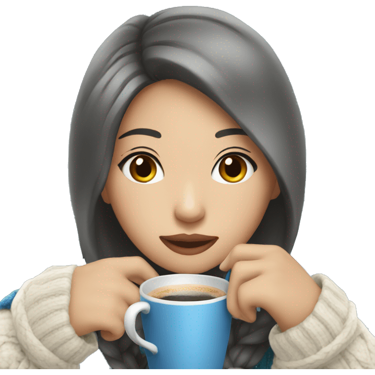 Asian girl drinking coffee wearing blue Christmas sweater emoji