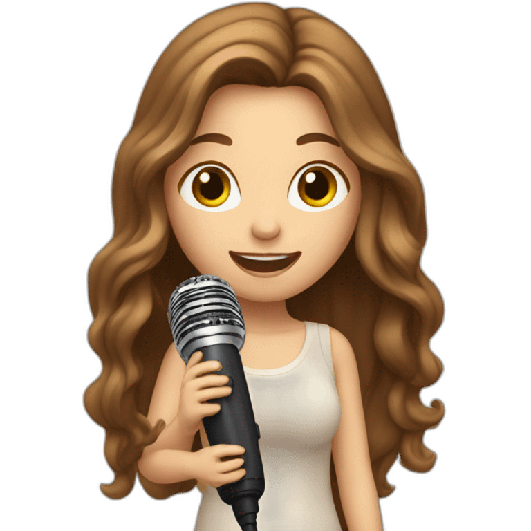 Caucasian girl with long Brown hair performing with a michophone singing emoji