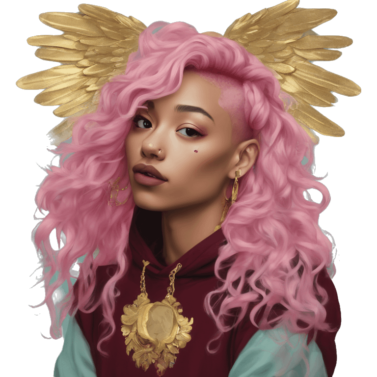 Vintage painting swirls gold jewellery baroque raven wings angel tropical Deep pink maroon burgundy cyan dark hoodie man vitiligo dyed hair gold piercings nose piercing ear piercings emoji