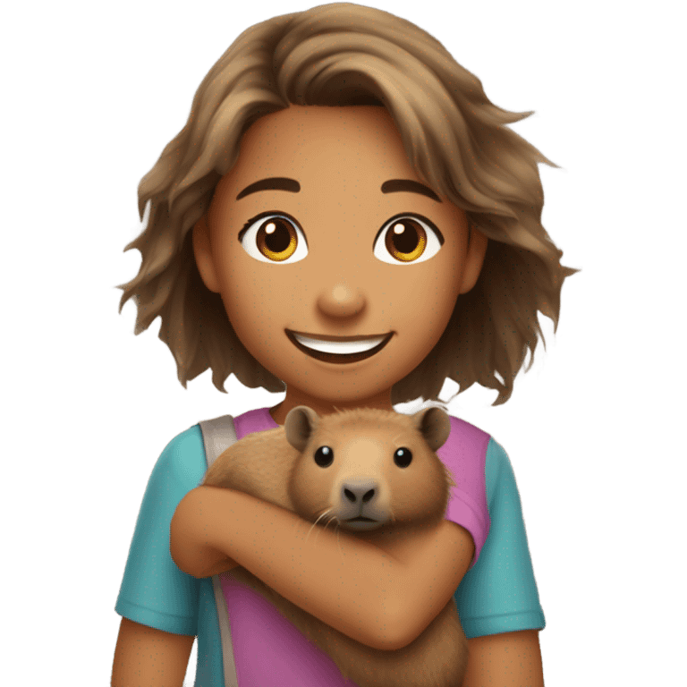 happy 10-year-old girl with kind of messy hair, smiling holding capybara emoji