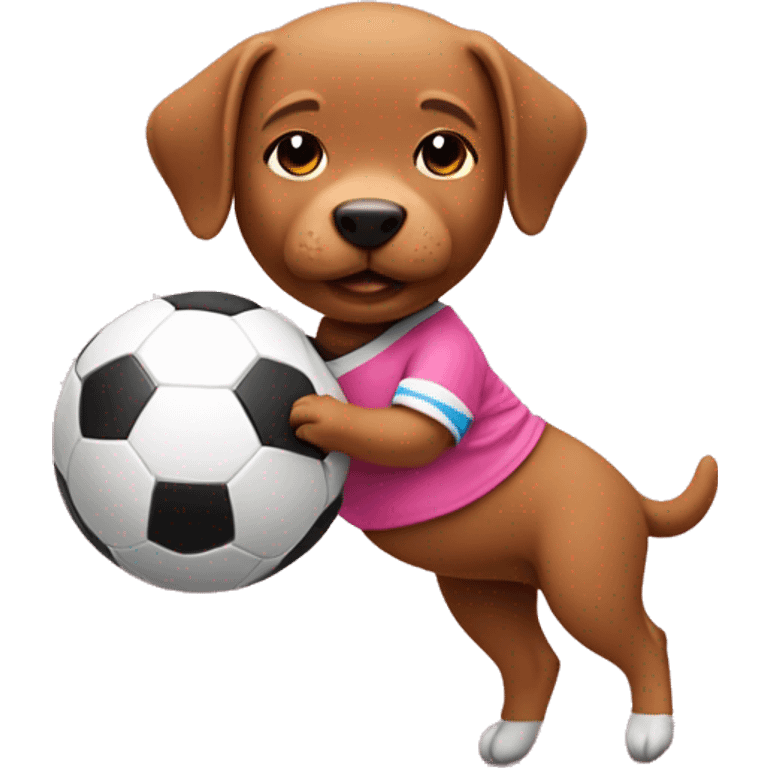 Baby riding a dog who is playing soccer in a pink jersey and heading a ball emoji