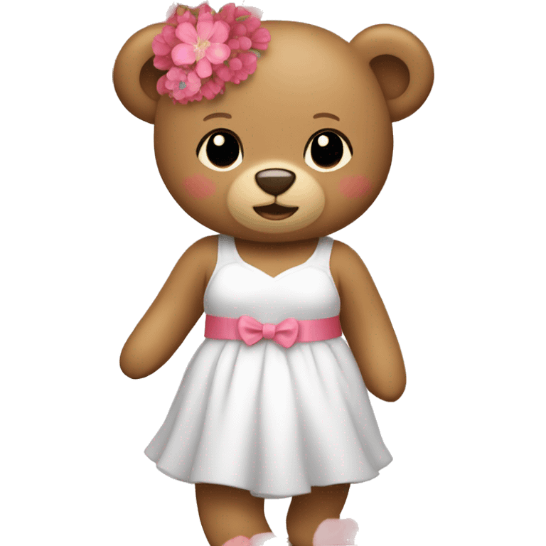 Teddy bear wearing a white dress with pink and red flowers  emoji