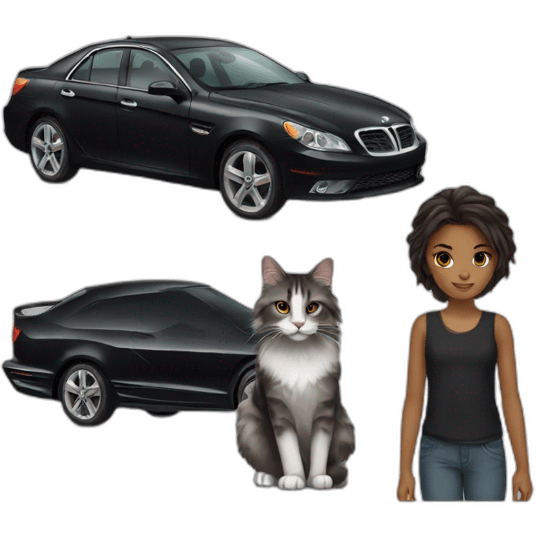 1 main coon cat and 1 black car and 1 metisse girl emoji