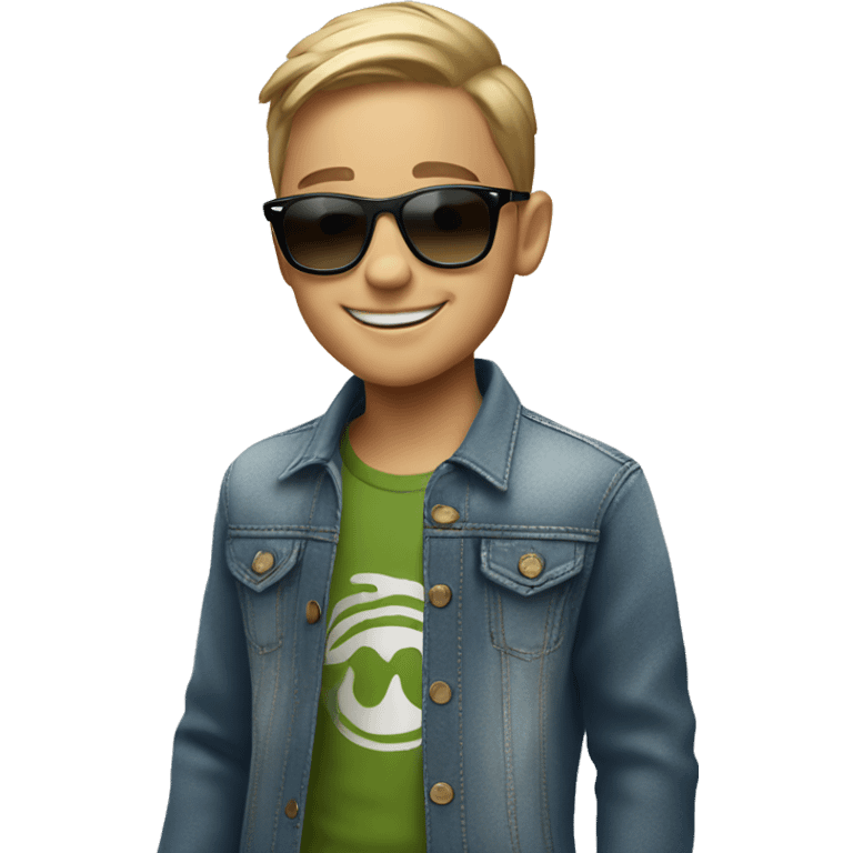 smiling boy in stylish outfit with ray-ban emoji