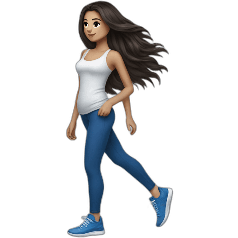 Short brunette, leggings, blue walking shoes, long hair, tattoo emoji