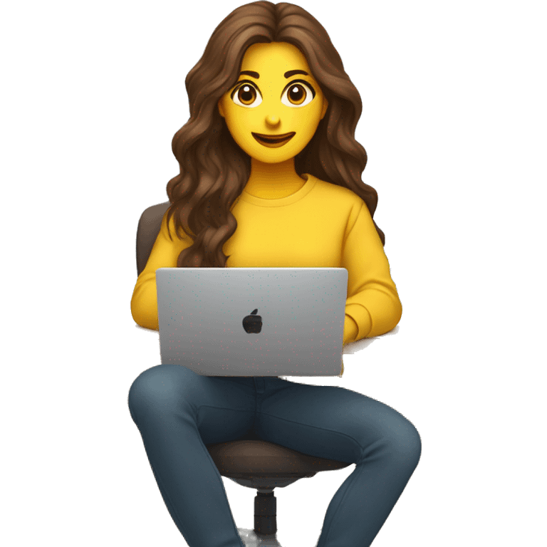 female coder with apple laptop in front of her, very long wavy brown hair, brown eyes, facing the right side while looking at the laptop, yellow sweatshirt, no glasses emoji