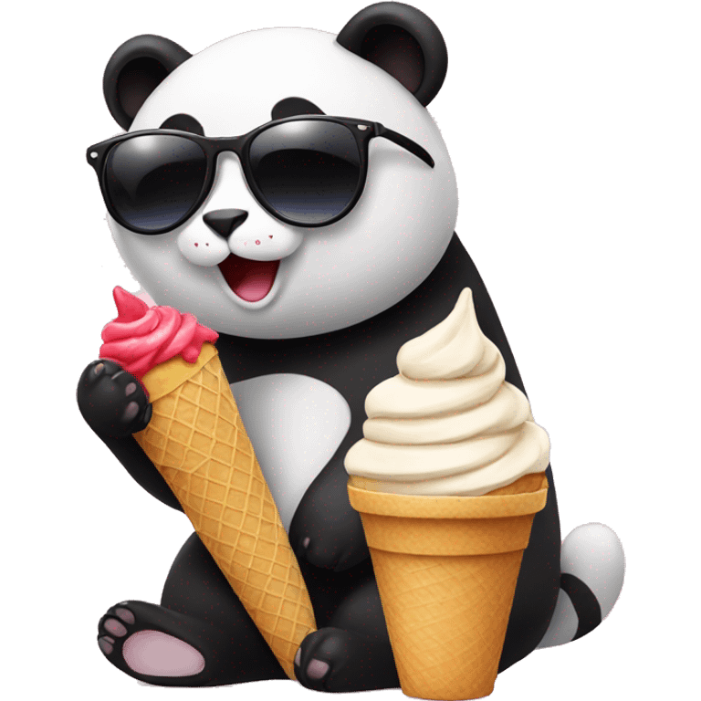 Cat with sunglasses sitting on a Panda eating ice cream emoji