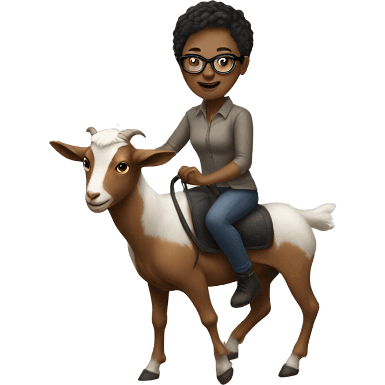 White woman with really short hair and glasses riding a goat emoji