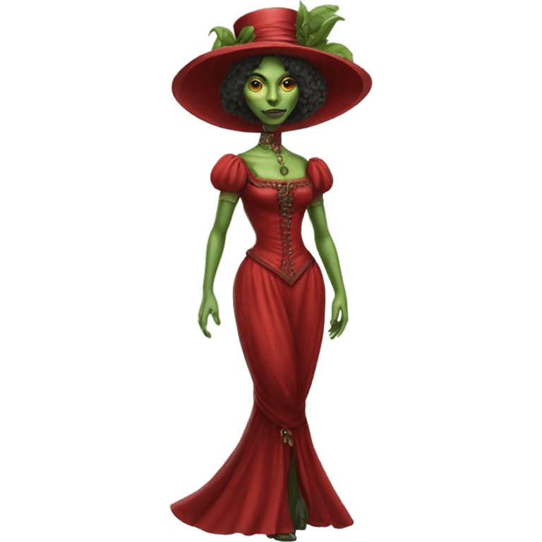 a green amazon alien woman in Victorian red full body emoji