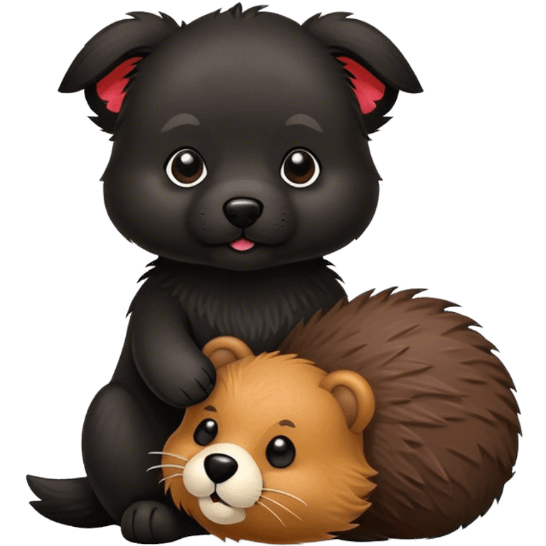 Small black dog with a toy beaver emoji