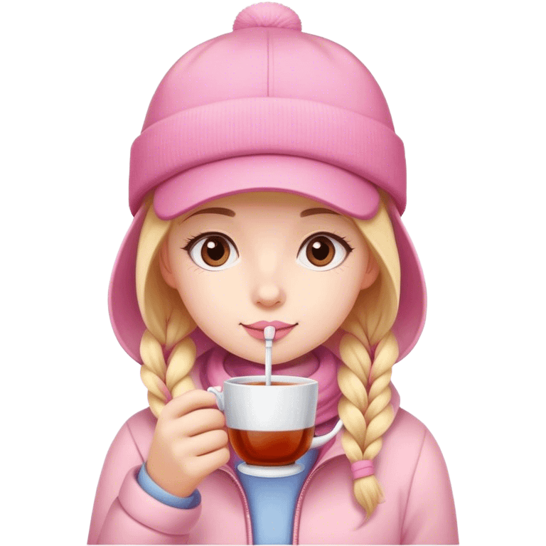 A girl in a pink cap drinks tea from a straw in winter emoji