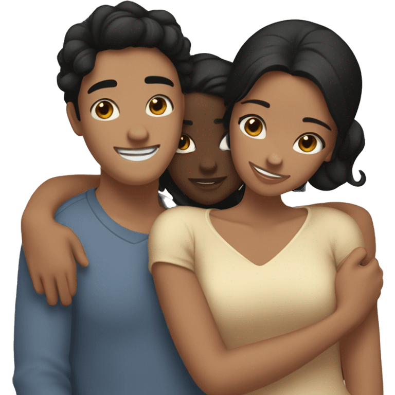 Three friends !  hugging each other warmly. One friend has fair skin and straight black hair, another has dark skin with black hair styled in a low bun, and the third has tan skin with wavy black hair.” emoji