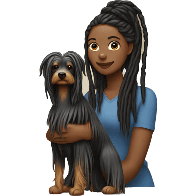 Black woman with long dreads holding a yorkiepooh dog emoji