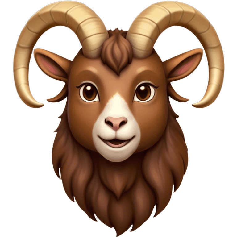 Cinematic Noble Brown Goat Portrait Emoji, Poised and regal, with a sturdy, agile build and a smooth, well-groomed rich brown fur accented by gracefully curved horns, deep-set soulful dark eyes, Simplified yet sharp and sophisticated features, highly detailed, glowing with a warm, dignified glow, high shine, intelligent and spirited, stylized with an air of rustic elegance, focused and attentive, soft glowing outline, capturing the essence of a watchful and confident goat, so majestic it feels as though it could leap out of the screen with effortless authority! emoji