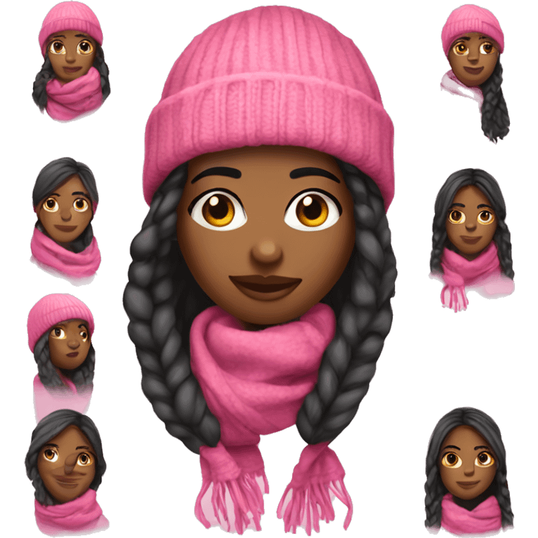 Pink winter pretty black woman beanie long hair with winter pink neck scarf  emoji