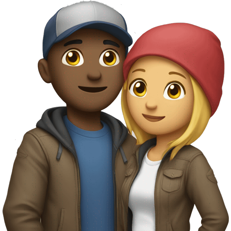 an couple, the man wearing cap and hoodie.  emoji