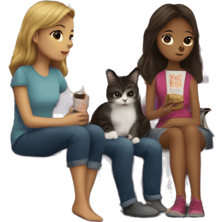 Two girls and a cat watching a movie in a house overlooking the Eiffel Tower emoji