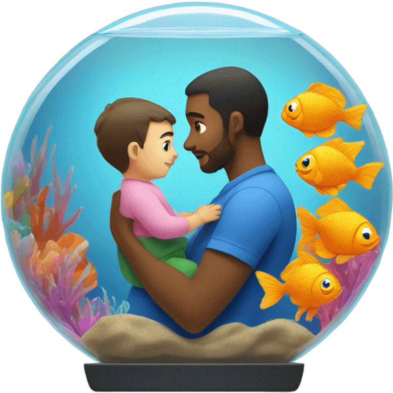 Man with baby looking at fish emoji