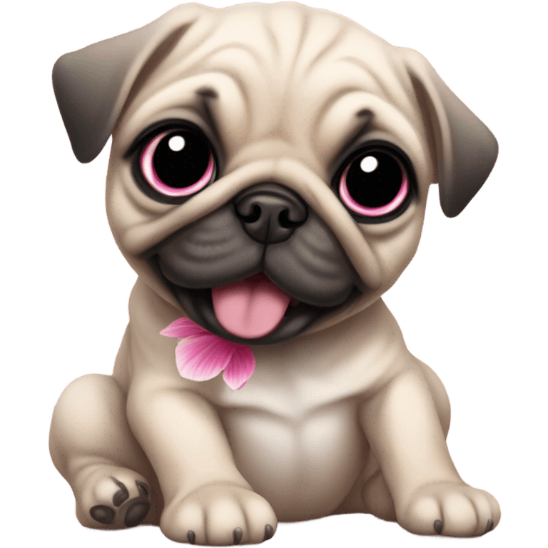 Baby pug playing with a flower pink eyes  emoji