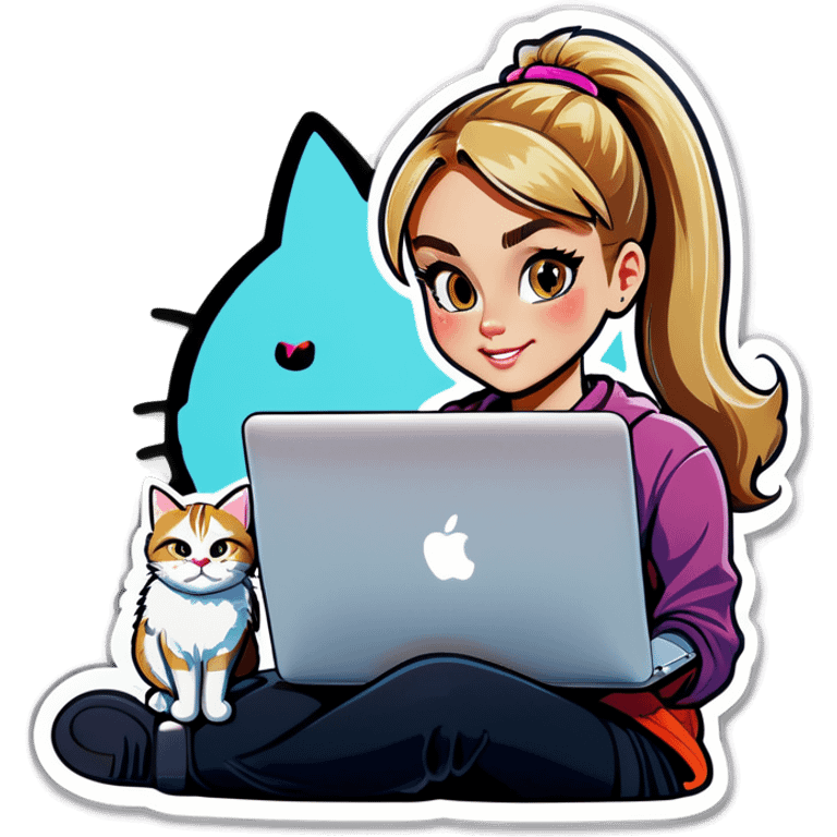 Blonde girl ponytail macBook and a cat emoji