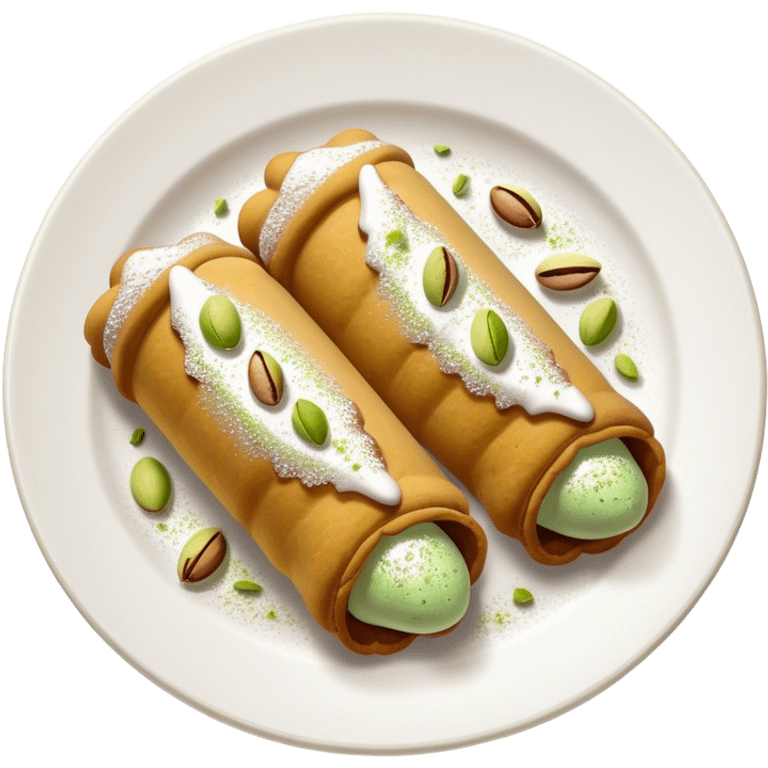 Realistic plate of cannolis with pistachio dust and powdered sugar emoji