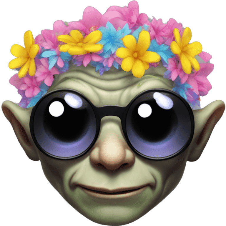 gollum dressed for an edm concert, sunglasses, flowery, neon colors emoji