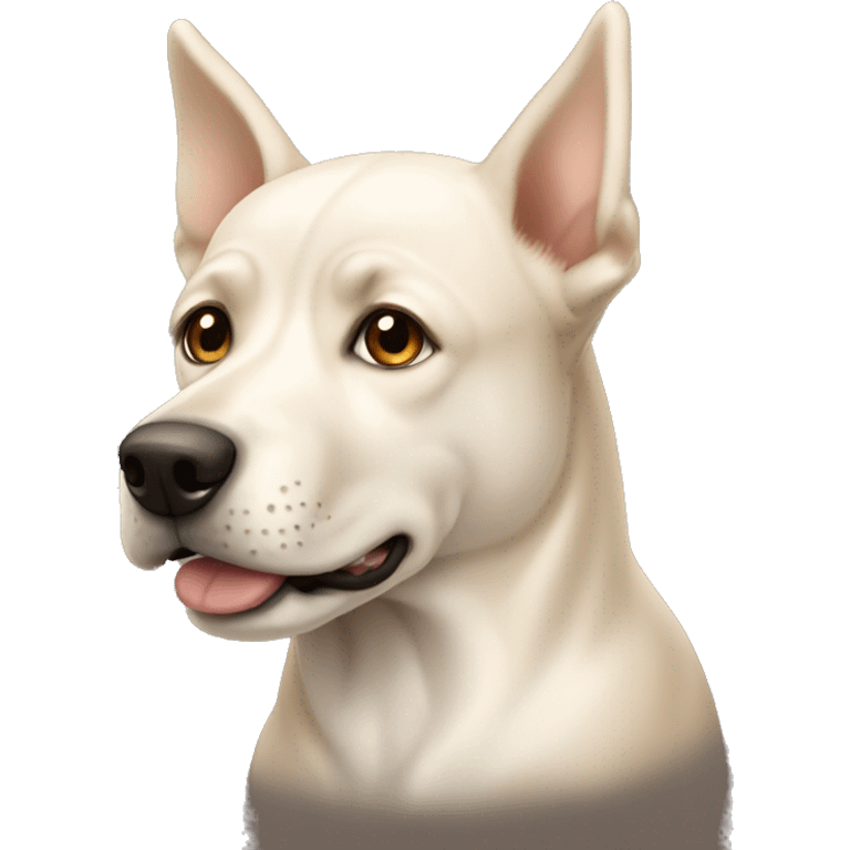 cream white colored dog, long face, pointy ears, brown eyes, light brown nose emoji