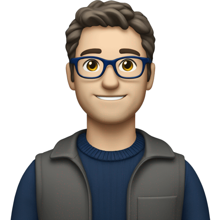 caucasian white man with dark hair, blue glasses, and carrying design plan because he is an architect carrying a pencil and a set model maquette. wearing a navy blue long sleeve sweater shirt. smart.  emoji