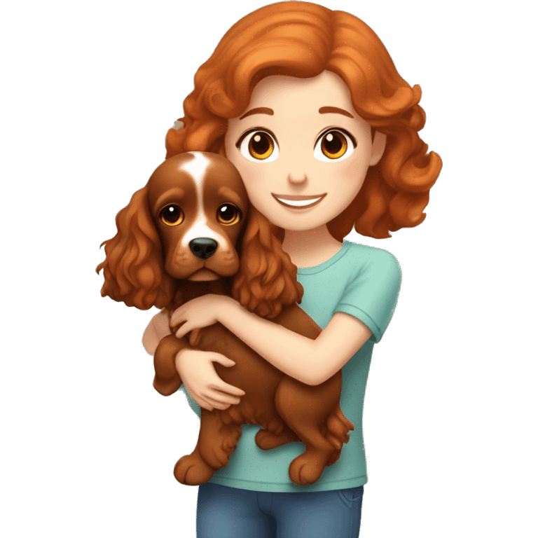 A very cute girl with red hair cuddling a happy caramel-brown English Cocker Spaniel. emoji