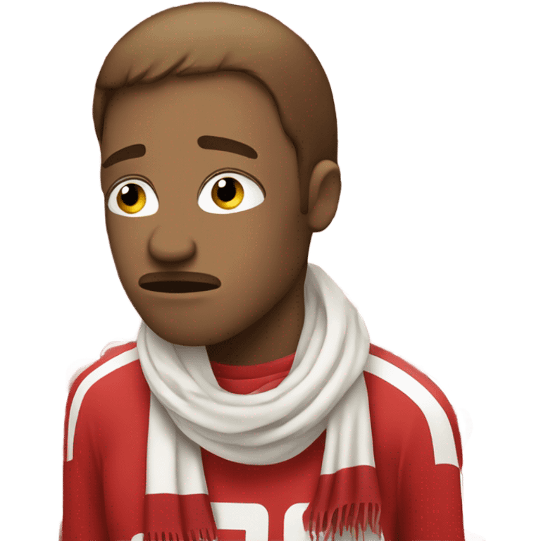 A very sad, crying football fan with a scarf in red and White.  emoji