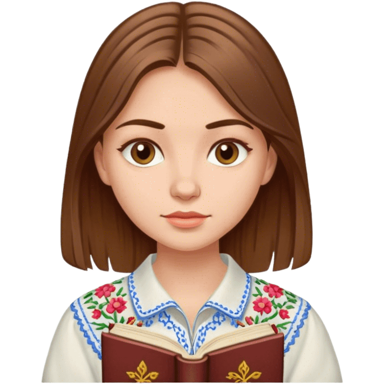 A Ukrainian girl with brown hair in an embroidered shirt reads a book emoji