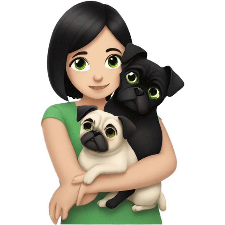 girl with black hair and green eyes cuddling two pugs  emoji