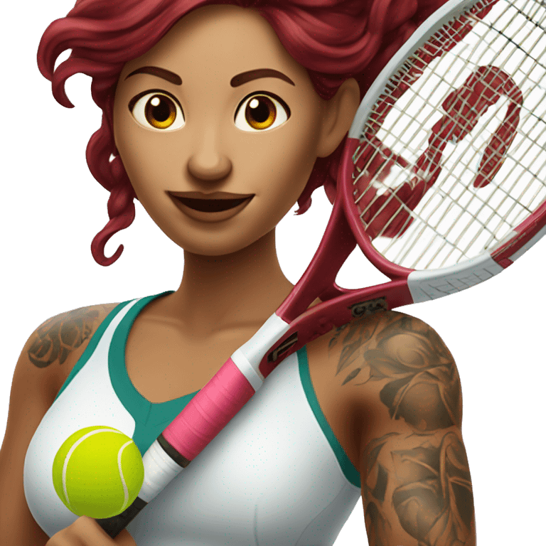 Beautiful tattooed  burgundy long haired woman playing tennis emoji