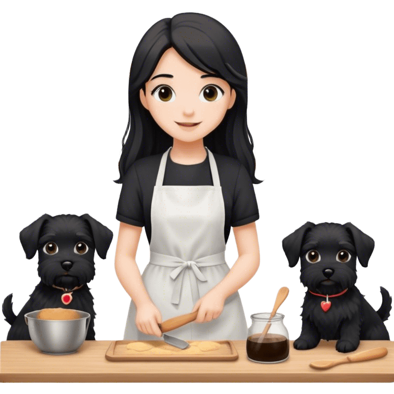 pale smiling girl baking with long back hair wearing black long shirt wearing apron holding black  schnauzer emoji