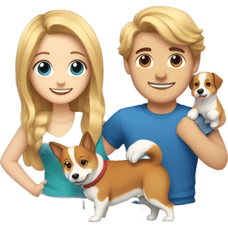 A girl with long blond hair and brown eyes, a guy with blond, slightly curly hair and blue eyes, hugging and a dog corgi between them emoji